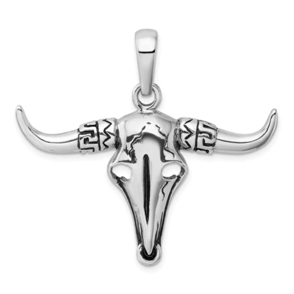 Sterling Silver Rhodium-plated Antiqued Bull Skull Pendant
